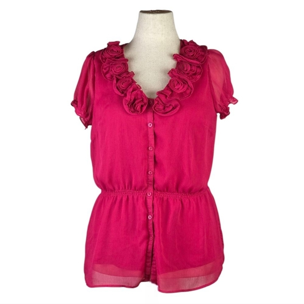 Sunny Leigh Pink Rosette Ruffle Sheer Blouse L Feminine Romantic Top
